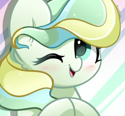 Size: 2800x2600 | Tagged: safe, artist:kittyrosie, vapor trail, pegasus, pony, g4, blushing, commission, cute, female, high res, looking at you, mare, one eye closed, open mouth, open smile, smiling, smiling at you, solo, vaporbetes, wink, winking at you