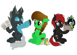 Size: 2299x1627 | Tagged: safe, artist:dyonys, hitch trailblazer, oc, oc:demon hellspawn, oc:lucky brush, oc:night chaser, oc:sanguine hangover, oc:tarsi, changeling, earth pony, half-siren, hybrid, pegabat, pony, 2023 community collab, derpibooru community collaboration, g5, baby, baby pony, biting, book, box, braid, changeling oc, curved horn, earth pony oc, fangs, female, fluffy, folded wings, glasses, group, happy, hoof hold, horn, leviathan cross, magical gay spawn, male, mare, offspring, pointy ponies, simple background, sitting, slit pupils, stallion, tail, tail feathers, teenager, transparent background, wings