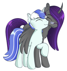 Size: 3558x3792 | Tagged: safe, artist:etheria galaxia, derpibooru exclusive, oc, oc only, oc:etheria galaxia, oc:scratch wub, alicorn, pony, unicorn, 2023 community collab, derpibooru community collaboration, alicorn oc, chest fluff, curved horn, duo, ear fluff, eyes closed, female, glasses, high res, horn, hug, male, mare, nuzzling, ship:scratchtheria, shipping, simple background, smiling, stallion, transparent background, unicorn oc, winghug, wings