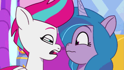 Size: 1061x601 | Tagged: safe, screencap, izzy moonbow, zipp storm, pegasus, pony, unicorn, g5, my little pony: tell your tale, zipp's yes day, spoiler:g5, spoiler:my little pony: tell your tale, spoiler:tyts01e22, :3, animated, duo, duo female, female, mare, talking, wavy mouth