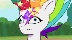 Size: 1536x870 | Tagged: safe, screencap, zipp storm, pegasus, pony, g5, my little pony: tell your tale, zipp's yes day, spoiler:g5, spoiler:my little pony: tell your tale, spoiler:tyts01e22, alternate hairstyle, animated, circling stars, derp, dizzy, face paint, female, mare