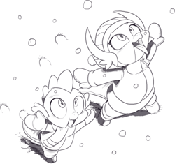 Size: 882x829 | Tagged: safe, artist:nauyaco, smolder, spike, dragon, g4, catching snowflakes, clothes, cute, cute little fangs, dragoness, duo, duo male and female, fangs, female, grayscale, hat, male, mittens, monochrome, scarf, simple background, smolderbetes, snow, snowfall, spikabetes, sweet dreams fuel, tongue out, toque, white background