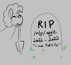 Size: 374x343 | Tagged: safe, artist:dsstoner, pinkie pie, earth pony, pony, g4, aggie.io, eyes closed, female, grass, gravestone, mare, monochrome, mouth hold, shovel, simple background, smiling