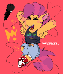 Size: 1100x1300 | Tagged: safe, artist:dsstoner, scootaloo, pegasus, pony, belt, blushing, clothes, cutiemarks (and the things that bind us), eyes closed, fangs, female, filly, foal, jumping, microphone, open mouth, pants, piercing, raised hoof, red background, ripped pants, shoes, simple background, sneakers, spread wings, tanktop, torn clothes, vylet pony, wings, wrapped up