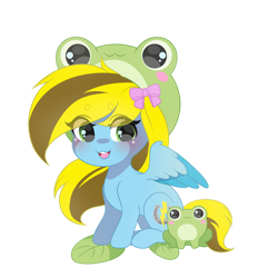 Size: 894x894 | Tagged: safe, artist:yomechka, oc, oc only, oc:lucky bolt, frog, pegasus, pony, blushing, bow, cute, female, frog costume, hair bow, hat, looking at you, mare, pegasus oc, simple background, smiling, smiling at you, solo, transparent background