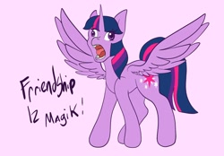 Size: 2048x1423 | Tagged: safe, artist:mscolorsplash, twilight sparkle, alicorn, pony, g4, derp, faic, female, mare, misspelling, open mouth, purple background, simple background, solo, spread wings, tongue out, twilight sparkle (alicorn), wings, wtf