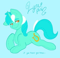Size: 1550x1488 | Tagged: safe, artist:mscolorsplash, lyra heartstrings, original species, plush pony, pony, unicorn, g4, blue background, if you know you know, looking at you, lying down, lyra plushie, plushie, prone, simple background, smiling, smiling at you, solo, text