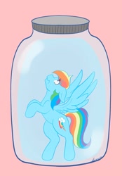 Size: 1423x2048 | Tagged: safe, artist:mscolorsplash, rainbow dash, pegasus, pony, g4, bipedal, female, floppy ears, frown, jar, lewd container meme, looking up, mare, pink background, pony in a bottle, simple background, solo, spread wings, the implications are horrible, this will end in death, wings