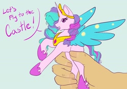 Size: 2048x1422 | Tagged: safe, artist:mscolorsplash, princess celestia, alicorn, human, pony, g4, blue wings, colored wings, concave belly, fingernails, green background, hand, let's fly to the castle, light skin, moments before disaster, offscreen character, pinklestia, simple background, slender, solo, spread wings, tall, thin, this will end in yeet, toy, wings