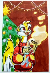 Size: 2452x3588 | Tagged: safe, artist:rapapaya, derpibooru exclusive, derpy hooves, oc, oc only, oc:beaky, cheetah, griffon, fanfic:yellow feathers, g4, beak, chocolate, christmas, christmas lights, christmas tree, clothes, food, griffon oc, happy, high res, holiday, hot chocolate, male, steam, sweater, traditional art, tree, wings