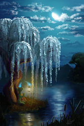 Size: 1920x2880 | Tagged: safe, artist:helmie-art, pony, unicorn, ambiguous gender, cattails, cloud, green fur, lantern, moon, night, no face, reeds, reflection, sky, solo, tree, water, willow