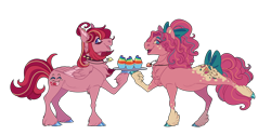 Size: 3000x1500 | Tagged: safe, artist:uunicornicc, pinkie pie, oc, earth pony, pegasus, pony, fanfic:cupcakes, g4, alternate design, bow, chest fluff, choker, cupcake, duo, earth pony oc, food, hair bow, holding, hoof hold, kinsona, pegasus oc, rainbow cupcake, raised hoof, simple background, spiked choker, tail, tail bow, transparent background