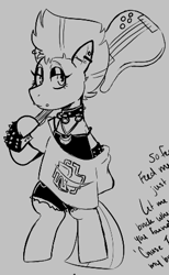 Size: 276x447 | Tagged: safe, artist:dsstoner, maud pie, earth pony, pony, g4, alternate clothes, alternate hairstyle, arm band, bass guitar, bipedal, choker, clothes, hoof hold, jewelry, metalhead, mohawk, musical instrument, necklace, piercing, rammstein, ripped shorts, shirt, shorts, tank top