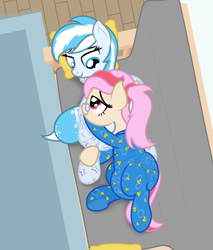 Size: 1700x2000 | Tagged: safe, artist:nitei, oc, oc only, oc:snow frost, oc:understudy, earth pony, pony, clothes, couch, cuddling, diaper, diaper fetish, diaper under clothes, duo, earth pony oc, female, fetish, footed sleeper, footie pajamas, love, non-baby in diaper, onesie, pajamas, sleeping