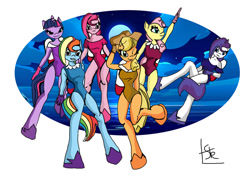 Size: 1065x750 | Tagged: safe, artist:dondaz75, applejack, fluttershy, pinkie pie, rainbow dash, rarity, twilight sparkle, earth pony, pegasus, unicorn, anthro, g4, clothes, floating, flying, jetpack, leotard, looking at you, one eye closed, smiling, unicorn twilight, wink, winking at you