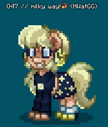 Size: 335x392 | Tagged: safe, earth pony, pony, pony town, clothes, ear piercing, earring, female, jewelry, mare, milky way (milky way and the galaxy girls), milky way and the galaxy girls, piercing, ponified, shoes, skirt, smiling, stars, sweater, text