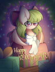 Size: 1800x2340 | Tagged: safe, artist:miryelis, oc, oc only, bat pony, pony, bow, box, clothes, happy new year, holiday, looking at you, present, simple background, sitting, smiling, smiling at you, solo