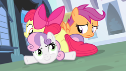 Size: 1280x720 | Tagged: safe, screencap, apple bloom, scootaloo, sweetie belle, earth pony, pegasus, pony, unicorn, for whom the sweetie belle toils, g4, season 4, cutie mark crusaders, female, filly, foal, oops, trio, trio female