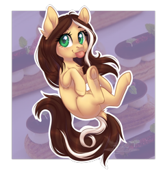 Size: 1612x1672 | Tagged: safe, artist:doekitty, oc, oc:eclaire, earth pony, pony, earth pony oc, eclair, female, food, mare, solo, tongue out, underhoof
