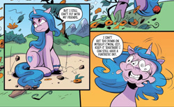 Size: 1984x1211 | Tagged: safe, artist:andypriceart, idw, izzy moonbow, pony, unicorn, g5, spoiler:comic, spoiler:g5comic, spoiler:g5comic08, bracelet, faic, female, friendship bracelet, frown, great moments in not animation, head shake, jewelry, keep it together, leaves, mare, sad, smear frame, solo, tongue out, unshorn fetlocks, wat