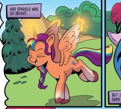 Size: 1642x1487 | Tagged: safe, artist:andy price, idw, izzy moonbow, sunny starscout, alicorn, pony, g5, spoiler:comic, spoiler:g5, spoiler:g5comic, spoiler:g5comic08, error, female, glowing, glowing horn, happy, horn, magic, mane stripe sunny, mare, offscreen character, open mouth, open smile, race swap, smiling, solo focus, sparkle, sunnycorn, unshorn fetlocks