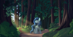Size: 3713x1911 | Tagged: artist needed, source needed, safe, oc, oc only, oc:snowfall night, pony, unicorn, crepuscular rays, forest, horn, path, scenery, solo, unicorn oc