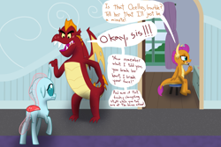 Size: 1500x1000 | Tagged: safe, artist:mightyshockwave, garble, ocellus, smolder, changedling, changeling, dragon, g4, butt, dialogue, dragoness, female, lesbian, makeup, male, mare, overprotective, plot, school of friendship, ship:smolcellus, shipping, trio