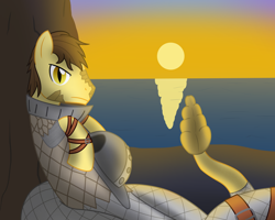 Size: 1250x1000 | Tagged: safe, artist:mightyshockwave, oc, oc only, oc:copper belly, lamia, original species, armor, cliff, helmet, looking at you, ocean, slit pupils, sunset, water