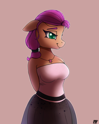Size: 2000x2500 | Tagged: safe, artist:naen, sunny starscout, earth pony, anthro, plantigrade anthro, g5, breasts, busty sunny starscout, clothes, cute, dress, female, high res, jewelry, mare, necklace, simple background, smiling, solo, sunnybetes