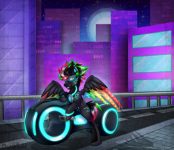 Size: 3297x2830 | Tagged: safe, artist:chvrchgrim, oc, oc only, oc:krypt, cyborg, pegasus, pony, city, cityscape, colored wings, cyberpunk, detailed background, futuristic, grin, high res, lightcycle, motorcycle, multicolored hair, multicolored wings, neon, night, night sky, pegasus oc, piercing, road, sky, smiling, solo, spread wings, tron, tron legacy, visor, wings
