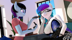Size: 1920x1080 | Tagged: safe, artist:anthroponiessfm, oc, oc:aurora starling, oc:maple cake, anthro, 3d, anthro oc, cute, duo, duo female, eyes closed, female, glasses, looking at someone, makeup, smiling, source filmmaker, wholesome