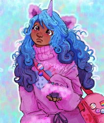Size: 1800x2123 | Tagged: safe, artist:katetorias, izzy moonbow, human, g5, autism, autistic izzy moonbow, bag, bisexual pride flag, blushing, cat ears, clothes, cute, cutie mark on clothes, dark skin, horn, horned humanization, humanized, infinity symbol, izzybetes, moderate dark skin, pants, pride, pride flag, sweater, sweatpants, trans izzy, transgender, transgender pride flag