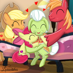 Size: 1300x1300 | Tagged: safe, artist:mlplary6, apple bloom, applejack, big macintosh, granny smith, earth pony, pony, g4, apple family, apple siblings, apple sisters, brother and sister, eyes closed, family, female, filly, foal, grandmother and grandchild, heart, hug, male, mare, older, siblings, sisters, sitting, smiling, stallion