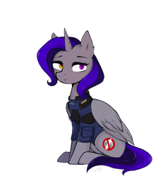 Size: 1817x1965 | Tagged: safe, artist:okity, oc, oc only, oc:dinky moon, alicorn, pony, alicorn oc, armor, clothes, female, gray, heterochromia, horn, mare, military uniform, purple eyes, purple hair, security armor, simple background, solo, transparent background, uniform, wings, yellow eyes