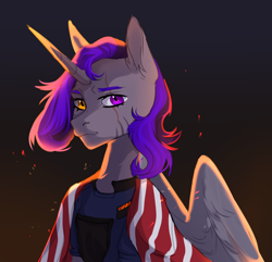 Size: 2238x2160 | Tagged: safe, artist:cutepoltergeist, oc, oc only, oc:dinky moon, alicorn, pony, alicorn oc, armor, female, gray, heterochromia, high res, horn, mare, purple eyes, purple hair, security armor, wings, yellow eyes
