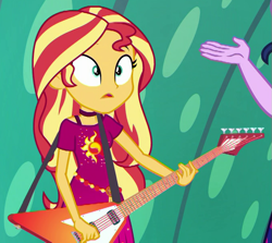 Size: 677x603 | Tagged: safe, screencap, sci-twi, sunset shimmer, twilight sparkle, human, equestria girls, equestria girls specials, g4, my little pony equestria girls: better together, my little pony equestria girls: spring breakdown, cropped, guitar, musical instrument