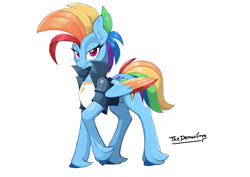 Size: 4093x2894 | Tagged: safe, artist:demonfox, rainbow dash, pegasus, pony, g4, clothes, cloven hooves, high res, jacket, looking at you, purple eyes, rainbow dash always dresses in style, shirt, signature, simple background, white background