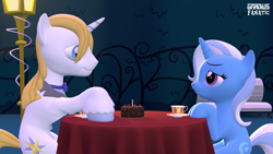 Size: 3413x1920 | Tagged: safe, artist:gradiusfanatic, prince blueblood, trixie, pony, unicorn, g4, 3d, black forest cake, cake, canterlot, cup, female, food, high res, male, mare, ship:bluetrix, shipping, source filmmaker, stallion, straight, table, teacup