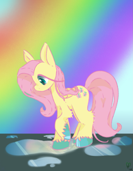 Size: 921x1185 | Tagged: safe, artist:pagophasia, derpibooru exclusive, fluttershy, pegasus, pony, g4, colored hooves, day, eye reflection, female, full body, impossibly long eyelashes, looking down, puddle, rainbow, raised hoof, reflection, ripples, solo, unshorn fetlocks, water, wings