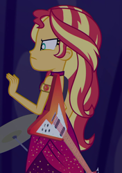 Size: 686x977 | Tagged: safe, screencap, sunset shimmer, human, equestria girls, equestria girls specials, g4, my little pony equestria girls: better together, my little pony equestria girls: spring breakdown, angry, cropped, cruise outfit, guitar, musical instrument, solo