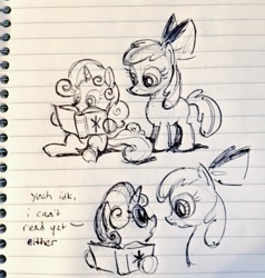 Size: 974x1024 | Tagged: safe, artist:mellodillo, apple bloom, sweetie belle, earth pony, pony, unicorn, g4, apple bloom's bow, book, bow, dialogue, duo, female, filly, foal, hair bow, illiteracy, illiterate, looking at each other, looking at someone, looking down, reading, text