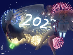 Size: 1024x768 | Tagged: safe, artist:sprong-lhama, rarity, bat, elf, human, anthro, g4, 2023, american flag, breasts, clothes, fireworks, floating, flying, happy, happy new year, holiday, humanized, jetpack, leotard, looking at each other, looking at someone, new year, night, princess rosalina, rosalina, rouge the bat, smiling, sonic the hedgehog (series), super mario bros., winged humanization, wings