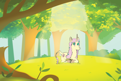 Size: 1800x1200 | Tagged: safe, artist:prixy05, fluttershy, pony, unicorn, g4, forest, race swap, solo, sunlight, unicorn fluttershy