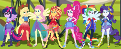 Size: 9865x3993 | Tagged: safe, artist:gmaplay, applejack, fluttershy, pinkie pie, rainbow dash, rarity, sci-twi, sunset shimmer, twilight sparkle, human, comic:battle from friendship games, cheer you on, equestria girls, g4, spoiler:eqg series (season 2), alternate hairstyle, belt, boots, clothes, cowboy hat, crossed arms, fingerless gloves, gloves, gorget, hand on hip, hat, high heels, humane five, humane seven, humane six, jewelry, knee-high boots, long gloves, ponied up, ponytail, regalia, shoes, sleeveless, sneakers, stetson, super ponied up, sword, teeth, tiara, weapon