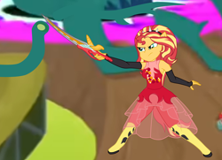 Size: 3922x2839 | Tagged: safe, artist:gmaplay, sunset shimmer, human, comic:battle from friendship games, equestria girls, g4, high res, ponied up, solo, sword, weapon