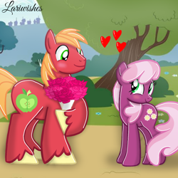 Size: 1300x1300 | Tagged: safe, artist:mlplary6, big macintosh, cheerilee, earth pony, pony, g4, blushing, bouquet, bouquet of flowers, female, flower, heart, looking at each other, looking at someone, male, mare, ship:cheerimac, shipping, smiling, smiling at each other, stallion, straight