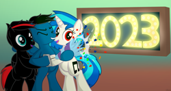 Size: 12384x6600 | Tagged: safe, artist:agkandphotomaker2000, dj pon-3, vinyl scratch, oc, oc:arnold the pony, oc:pony video maker, pegasus, pony, unicorn, g4, 2023, bipedal, canon x oc, confetti, female, folded wings, happy new year, happy new year 2023, holiday, male, neon, neon sign, open mouth, party popper, pegasus oc, red and black mane, red and black oc, red eyes, shipping, show accurate, simple background, smiling, spread wings, straight, videoscratch, wings