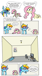 Size: 1830x3299 | Tagged: safe, artist:punkittdev, part of a set, fluttershy, rainbow dash, pegasus, pony, g4, chair, comic, dialogue, dudeweed, duo, eye contact, female, horsecomix, looking at each other, looking at someone, mare, meme, open mouth, playstation, poster, sleeping bag, speech bubble, squint, television, trollface