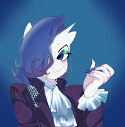 Size: 1853x1887 | Tagged: safe, artist:aztrial, rarity, unicorn, anthro, g4, spoiler:comic67, 80's fashion, 80s, 80s hair, alternate hairstyle, clothes, eyeshadow, fingernails, hair over one eye, jacket, looking at you, makeup, nail polish, prince (musician), ruffled shirt, ruffles, solo
