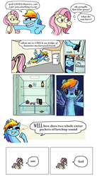 Size: 1939x3542 | Tagged: safe, artist:punkittdev, part of a set, fluttershy, rainbow dash, pegasus, pony, g4, :|, apple, comic, dialogue, dudeweed, duo, eye contact, female, flying, food, grin, horsecomix, leaf, looking at each other, looking at someone, mare, meme, monster energy, open mouth, open smile, realistic horse legs, refrigerator, smiling, speech bubble, thousand yard stare, trollface